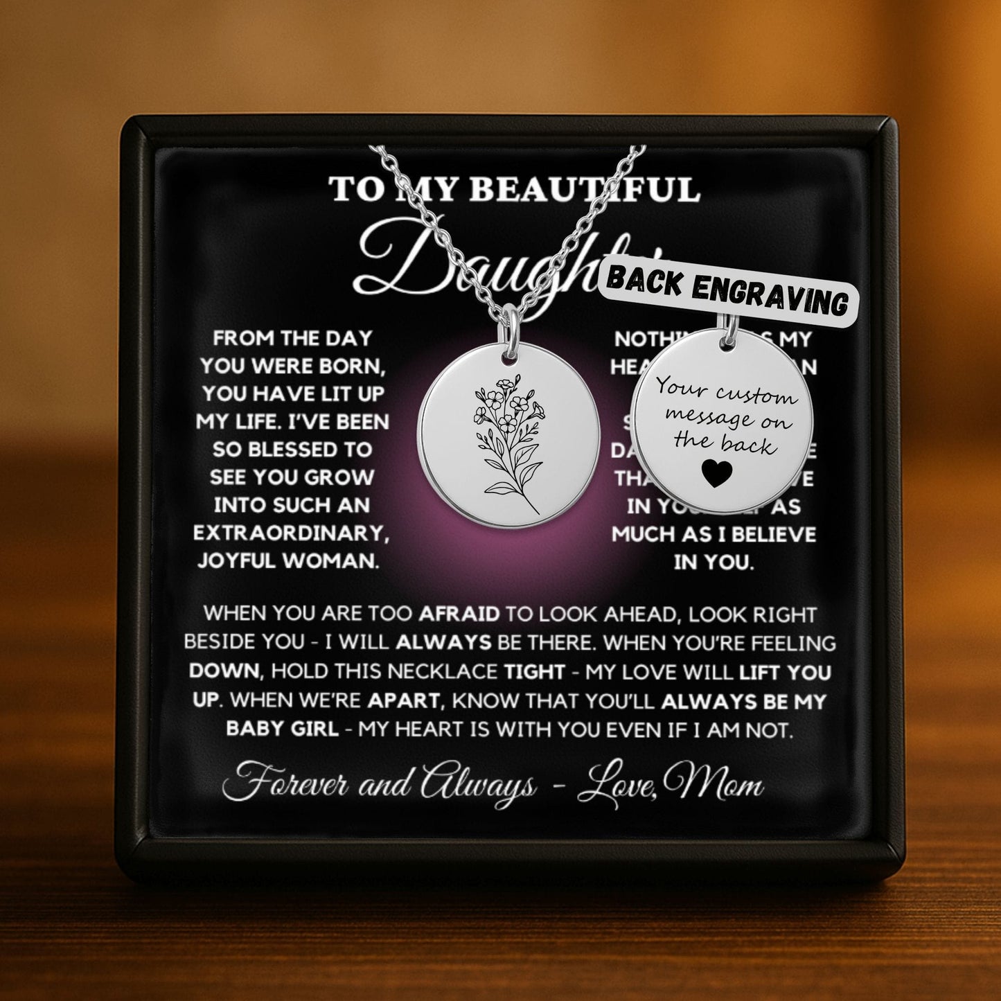 Birth Month Flower Necklace – Custom Engraved Floral Coin Pendant for Daughter
