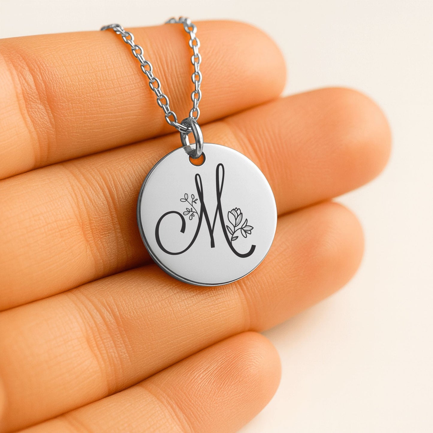 Personalized Monogram Necklace – Custom Engraved Floral Coin Pendant for Daughter Gift