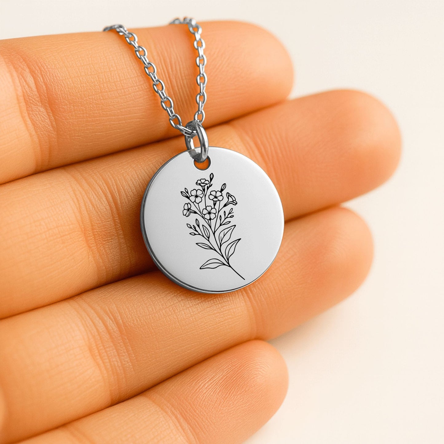 Birth Month Flower Necklace – Custom Engraved Floral Coin Pendant for Daughter