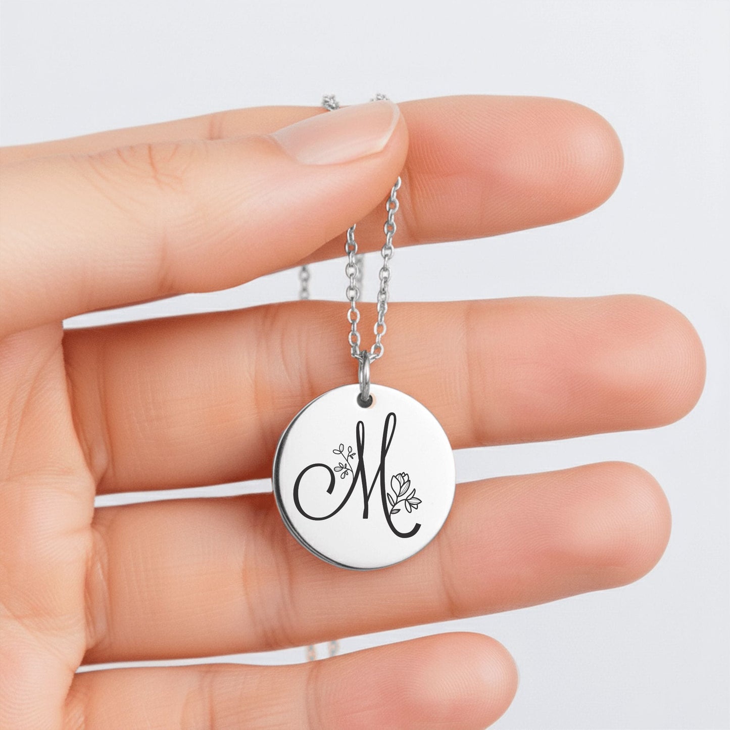 Personalized Monogram Necklace – Custom Engraved Floral Coin Pendant for Daughter Gift