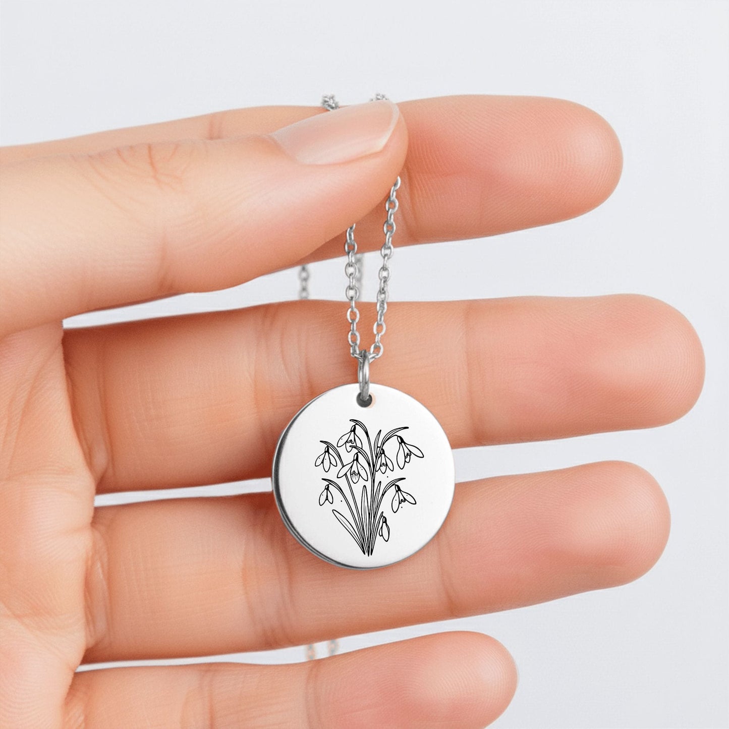 Birth Month Flower Necklace – Custom Engraved Floral Coin Pendant With Adjustable Chain