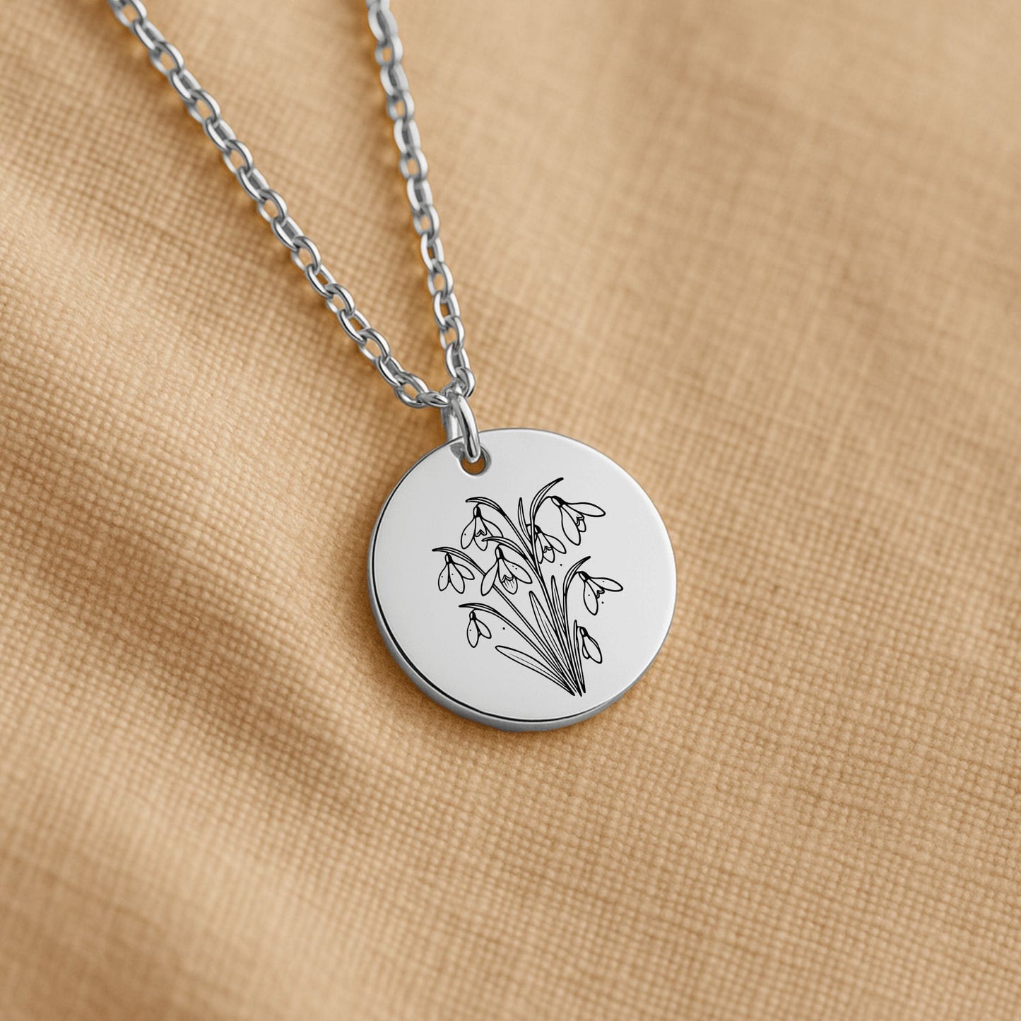 Birth Month Flower Necklace – Custom Engraved Floral Coin Pendant With Adjustable Chain
