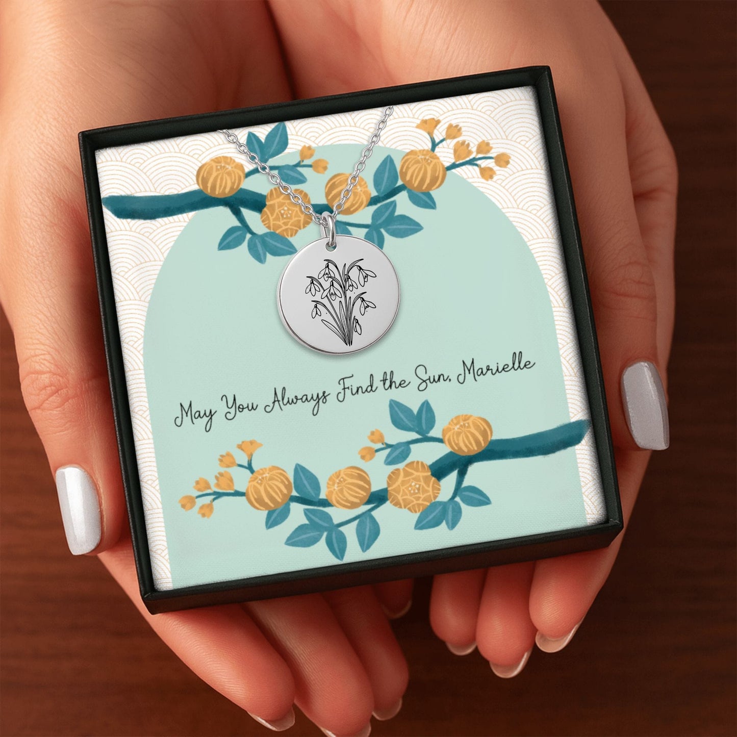 Birth Month Flower Necklace – Custom Engraved Floral Coin Pendant With Adjustable Chain