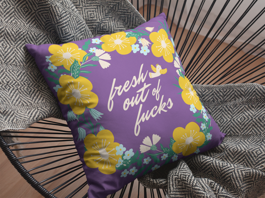 "Fresh out of Fucks" Floral Purple Square Pillow, 4 sizes