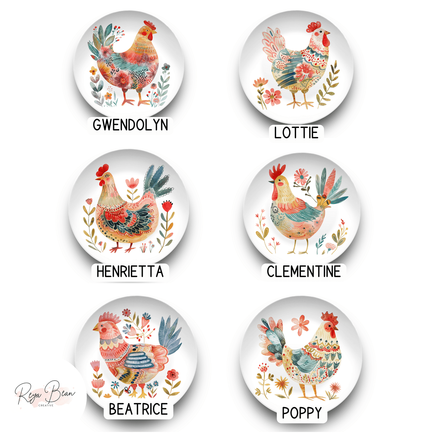 Chicken Housewarming Party Plates Gift, Folk Chicken Floral Plate Set, Fun Homesteader Gift Whimsical Roosters