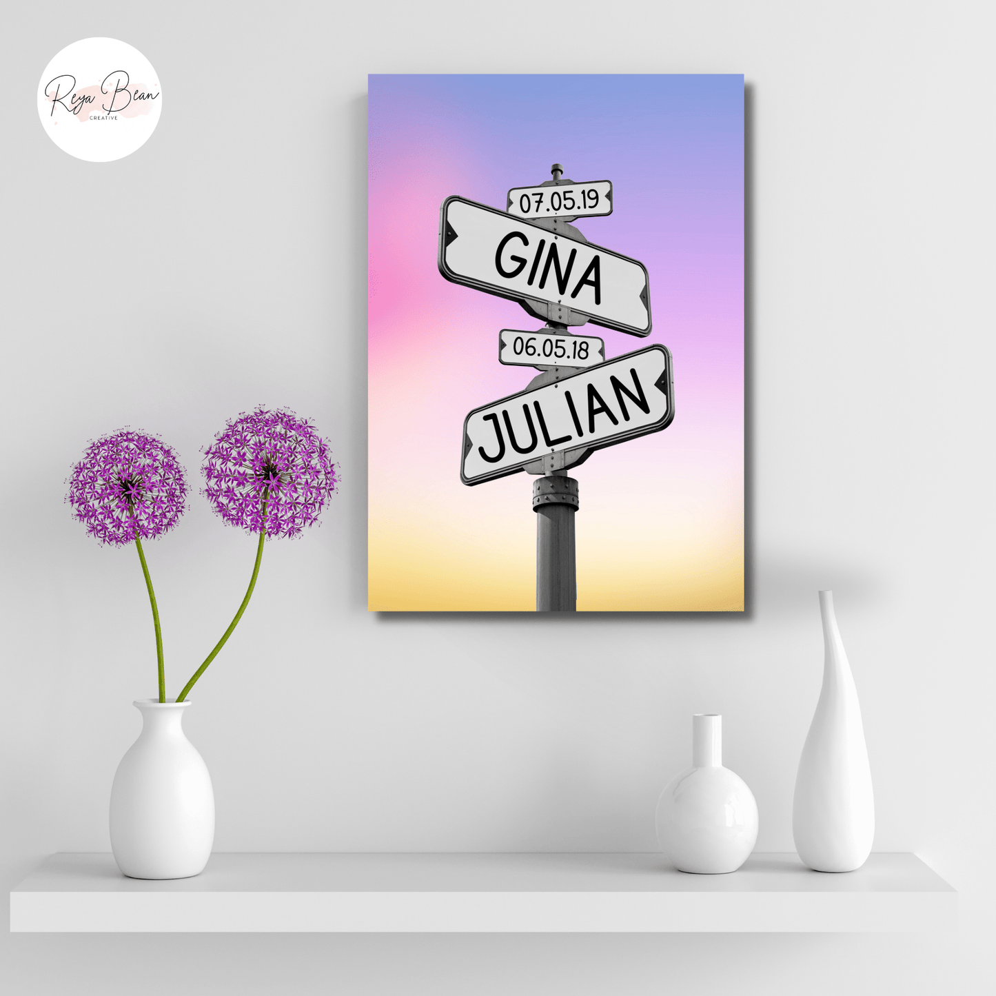 Custom Road Sign Wall Art Sunset Background Canvas Gallery Wrap - Kids' Names and Birthdays