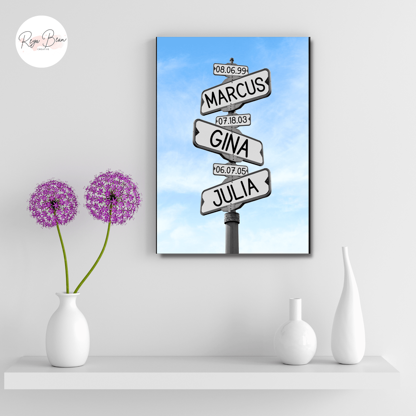 Custom Road Sign Wall Art Blue Sky Background Canvas Gallery Wrap - Kids' Names and Birthdays