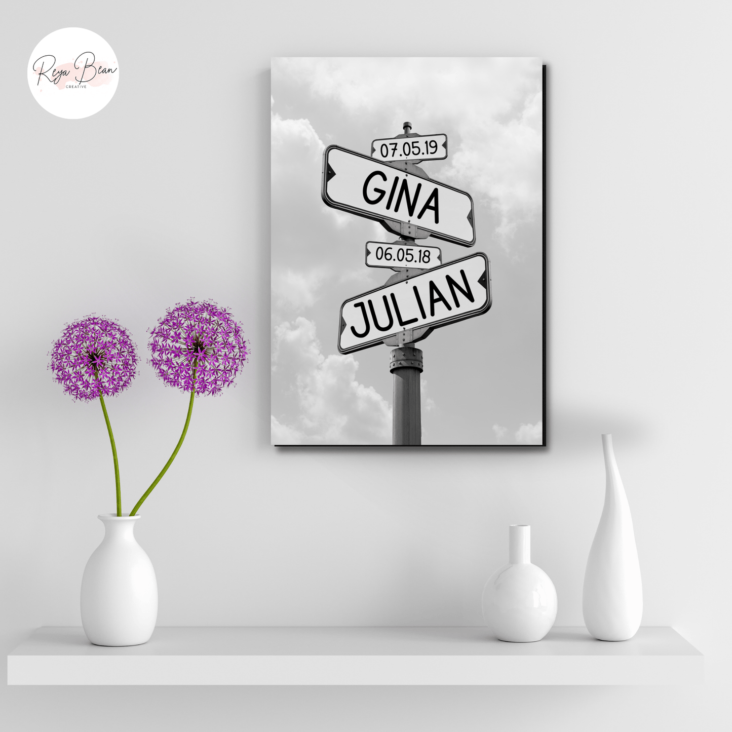 Custom Black & White Road Sign Wall Art Canvas Gallery Wrap - Kids' Names and Birthdays