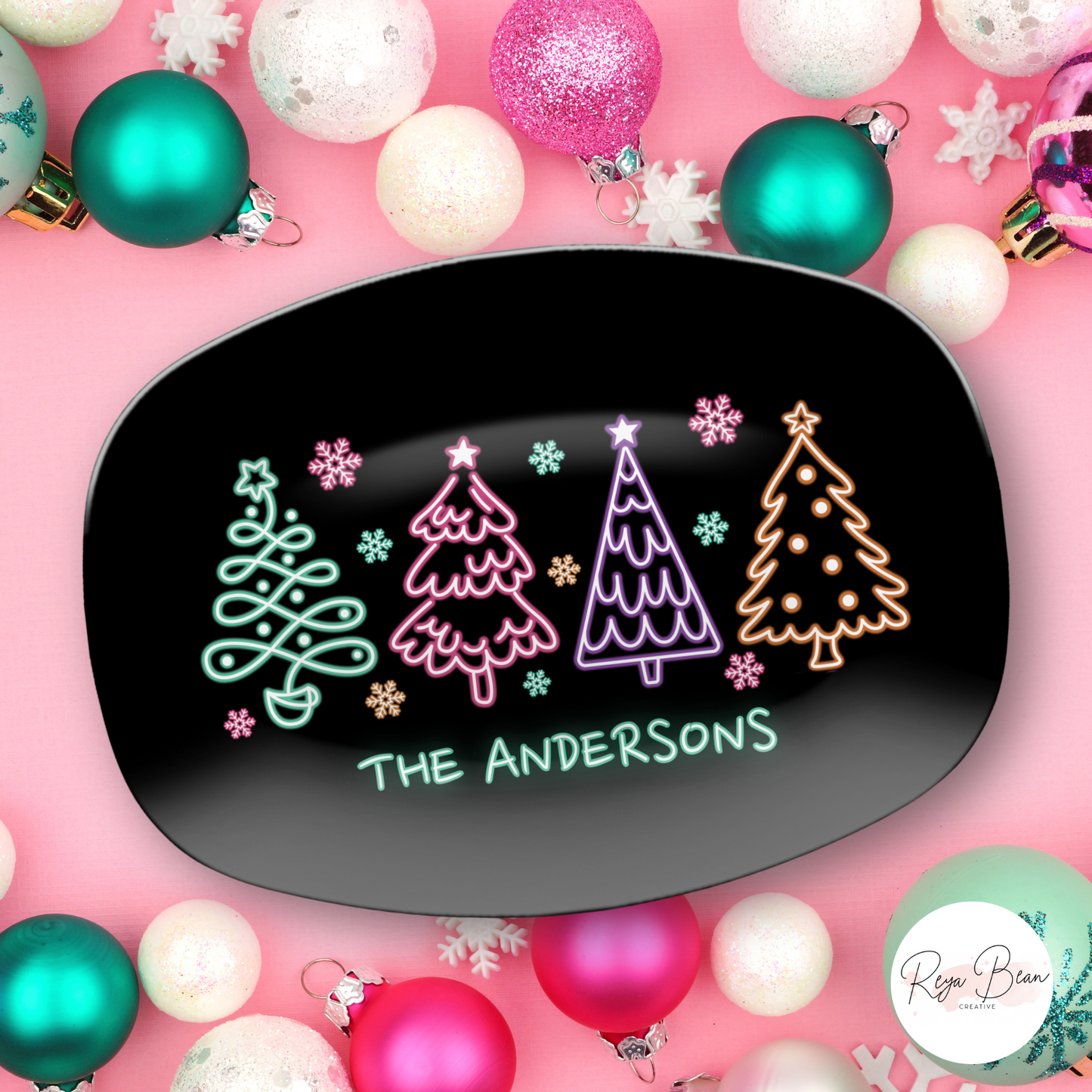 Custom Neon Christmas Tree Platter Unbreakable BPA-Free, 10 x 14"