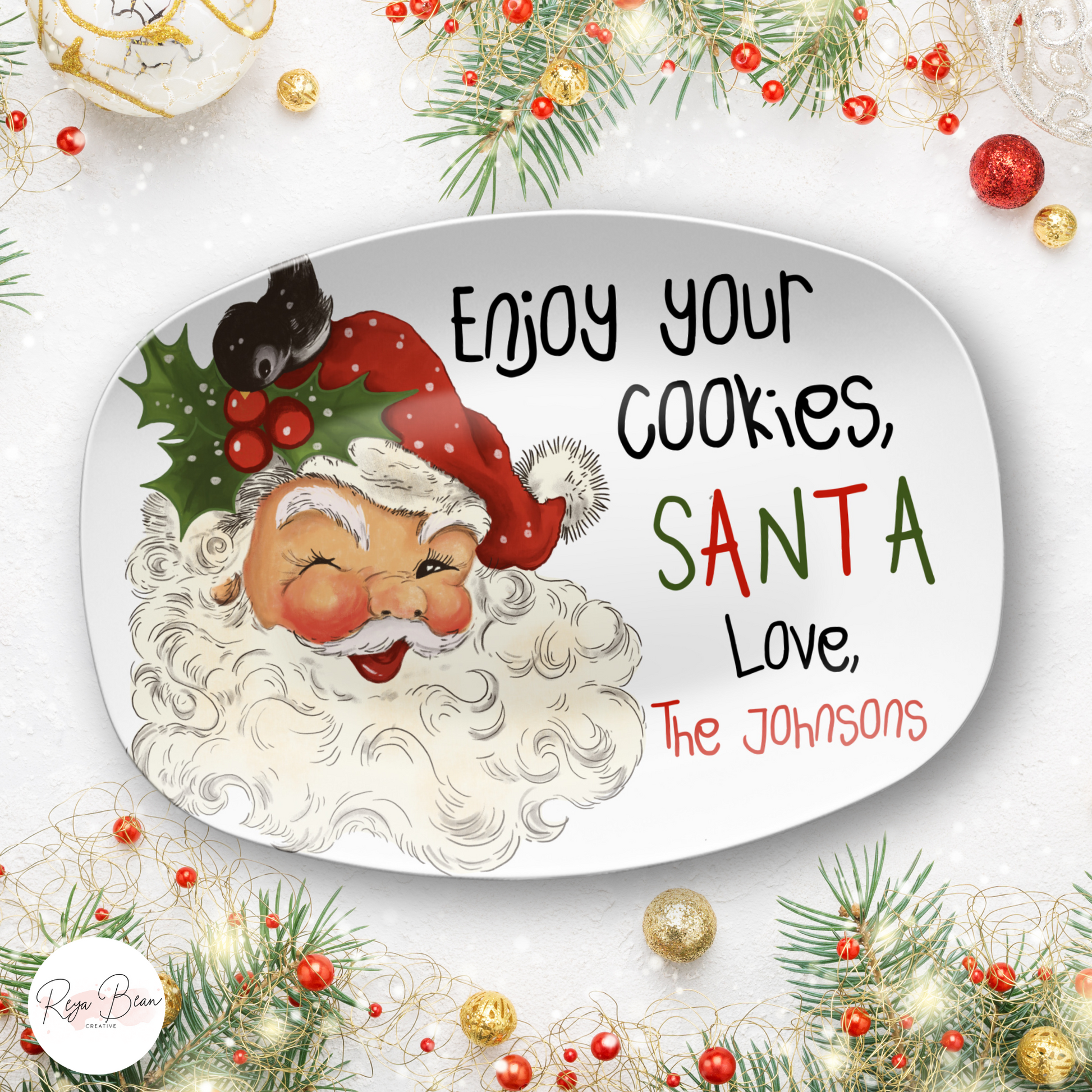 Custom Santa Cookie Platter Milk Mug Set, Christmas Plate for Reindeer Treats Milk for Santa Tray, Personalized Family Name Holiday Bundle