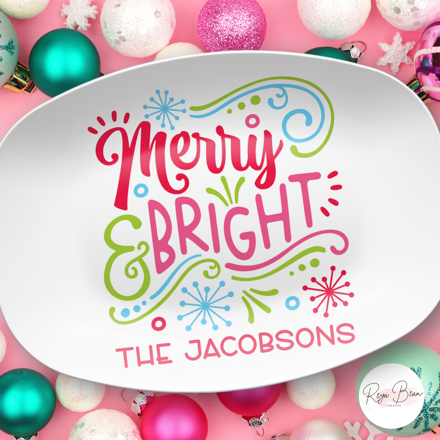 Custom Merry & Bright Christmas Platter - Unbreakable, BPA-Free, 10 x 14"