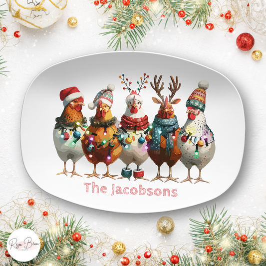 Custom Chicken Christmas Platter, Festive Funny Holiday Kitchen Tray, Personalized Family Name Holiday Plate, Unbreakable BPA-Free 10 x 14"