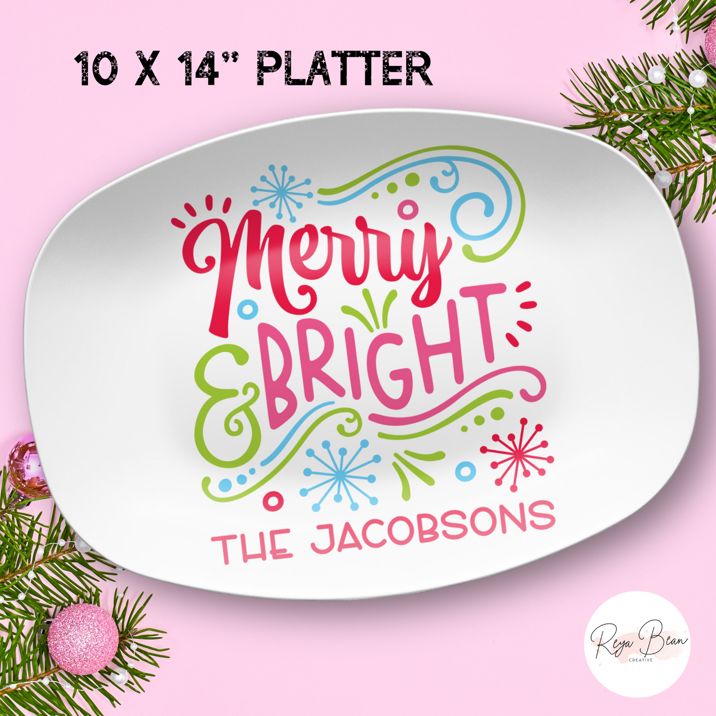 Custom Merry & Bright Christmas Platter - Unbreakable, BPA-Free, 10 x 14"