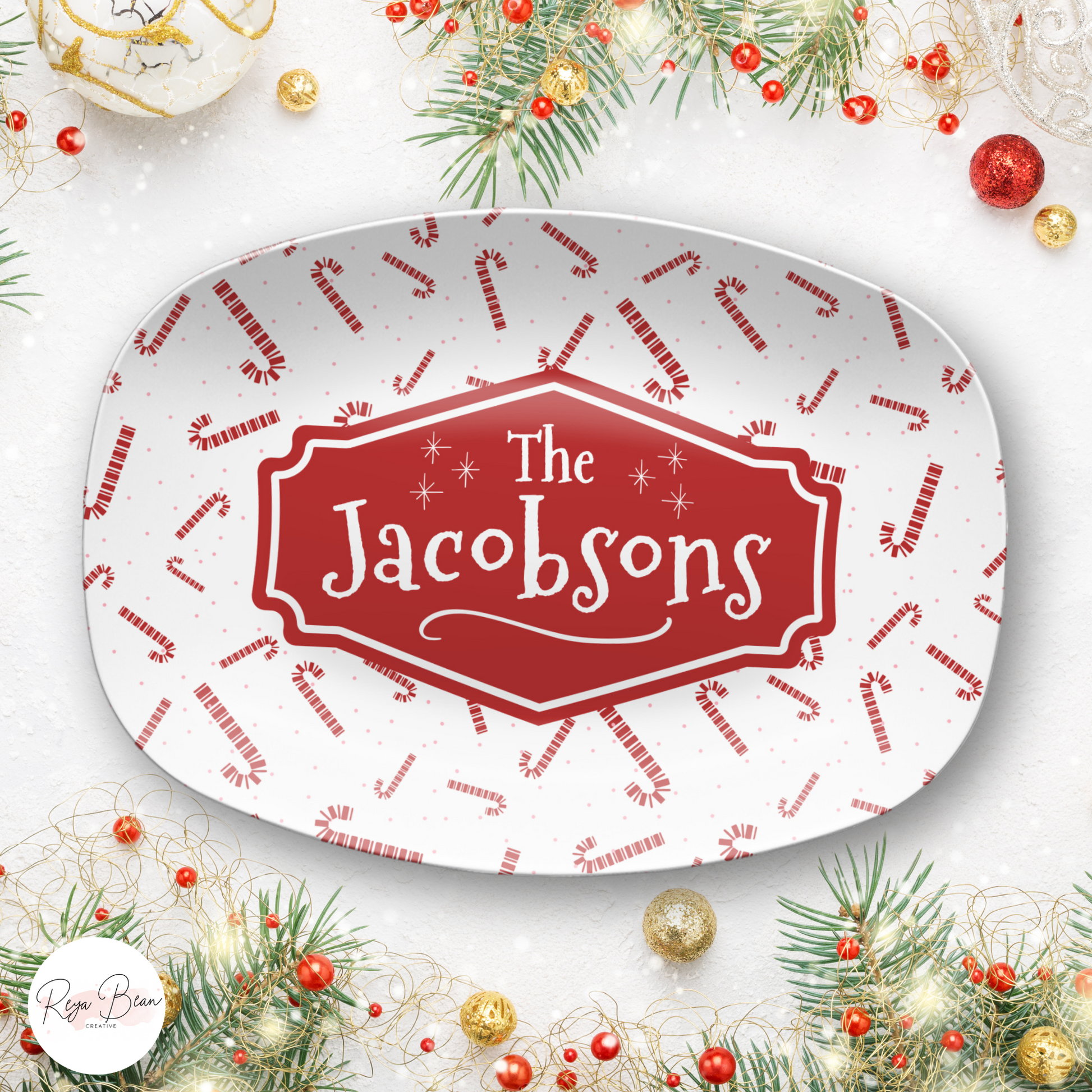 Custom Candy Cane Christmas Platter - Unbreakable BPA-Free, 10 x 14"