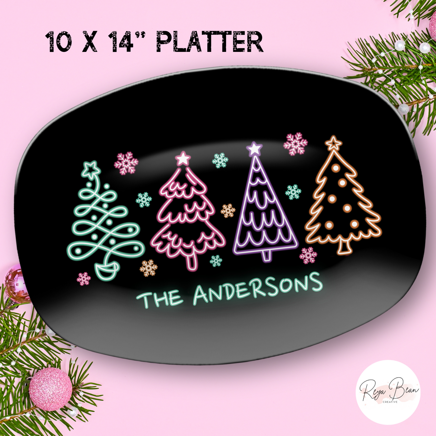 Custom Neon Christmas Tree Platter Unbreakable BPA-Free, 10 x 14"