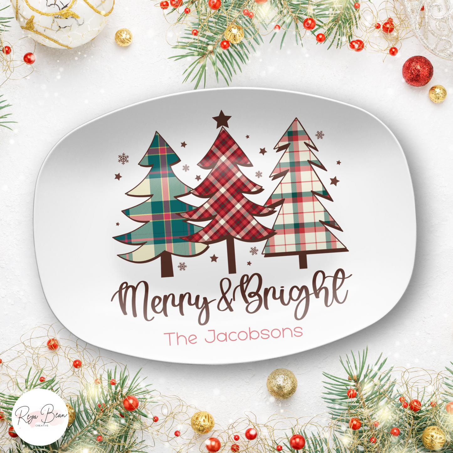 Custom Christmas Platter, Festive Holiday Kitchen Tray Merry & Bright, Personalized Family Name Holiday Plate, Unbreakable BPA-Free 10 x 14"