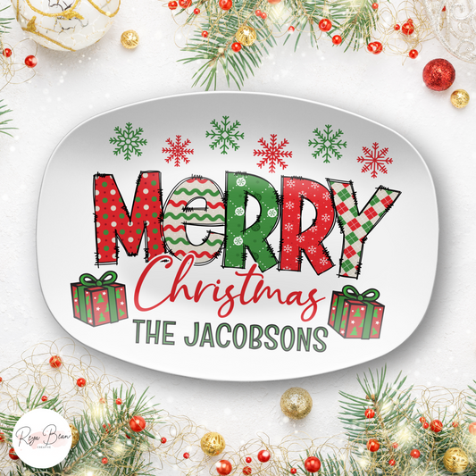 Custom Merry Christmas Platter, Festive Holiday Christmas Kitchen Tray, Personalized Family Name Xmas Plate, Unbreakable BPA-Free 10 x 14"