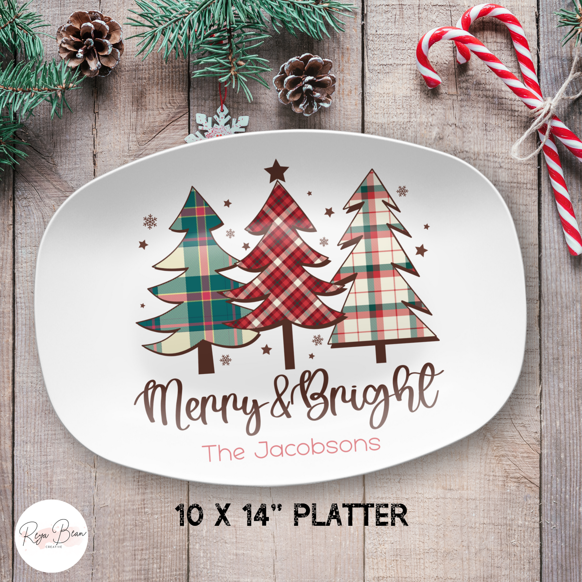 Custom Christmas Platter, Festive Holiday Kitchen Tray Merry & Bright, Personalized Family Name Holiday Plate, Unbreakable BPA-Free 10 x 14"