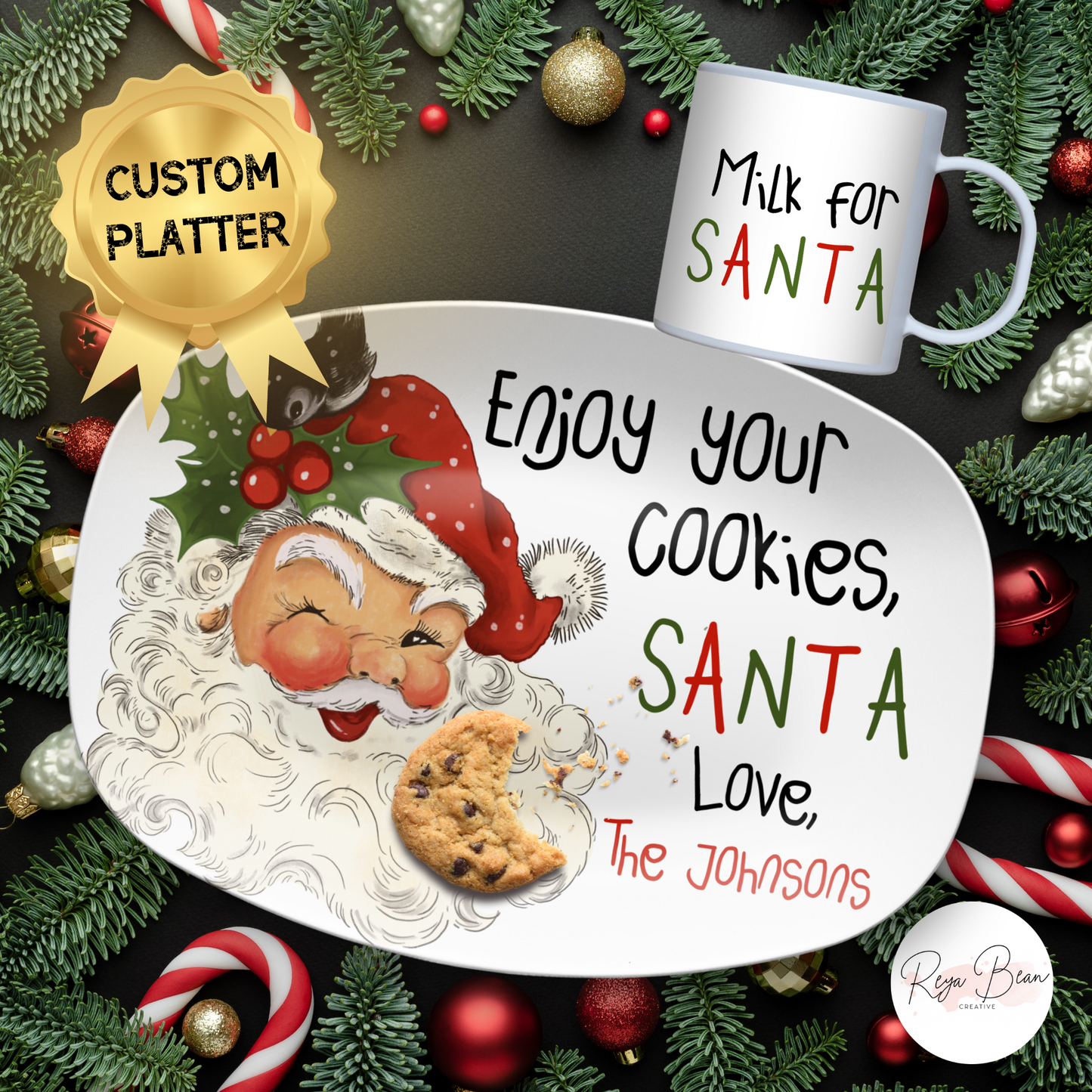 Custom Santa Cookie Platter Milk Mug Set, Christmas Plate for Reindeer Treats Milk for Santa Tray, Personalized Family Name Holiday Bundle