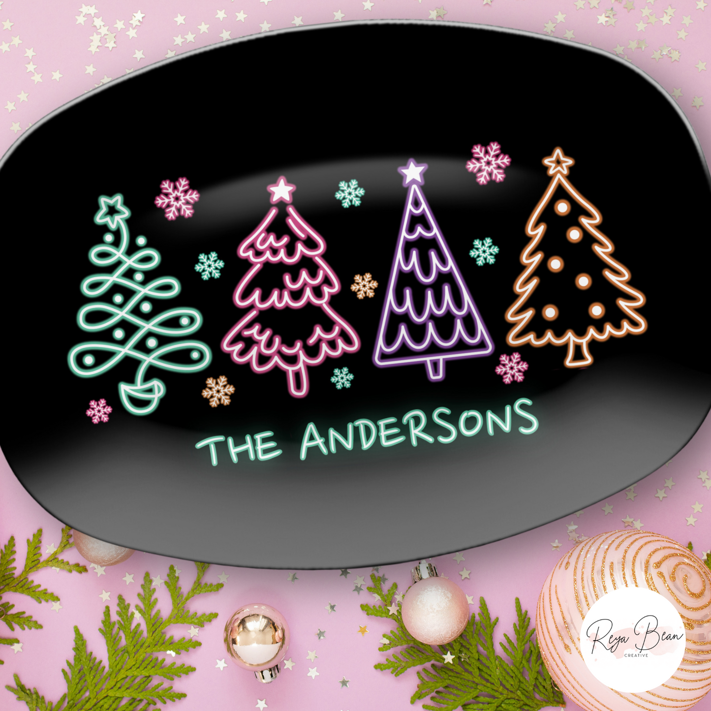 Custom Neon Christmas Tree Platter Unbreakable BPA-Free, 10 x 14"