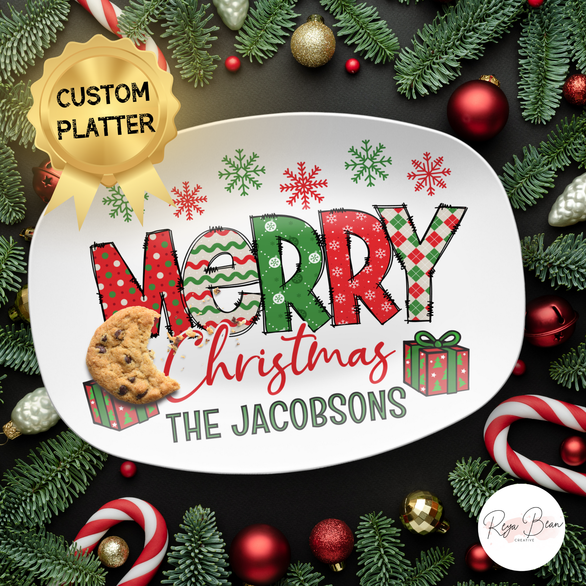 Custom Merry Christmas Platter, Festive Holiday Christmas Kitchen Tray, Personalized Family Name Xmas Plate, Unbreakable BPA-Free 10 x 14"