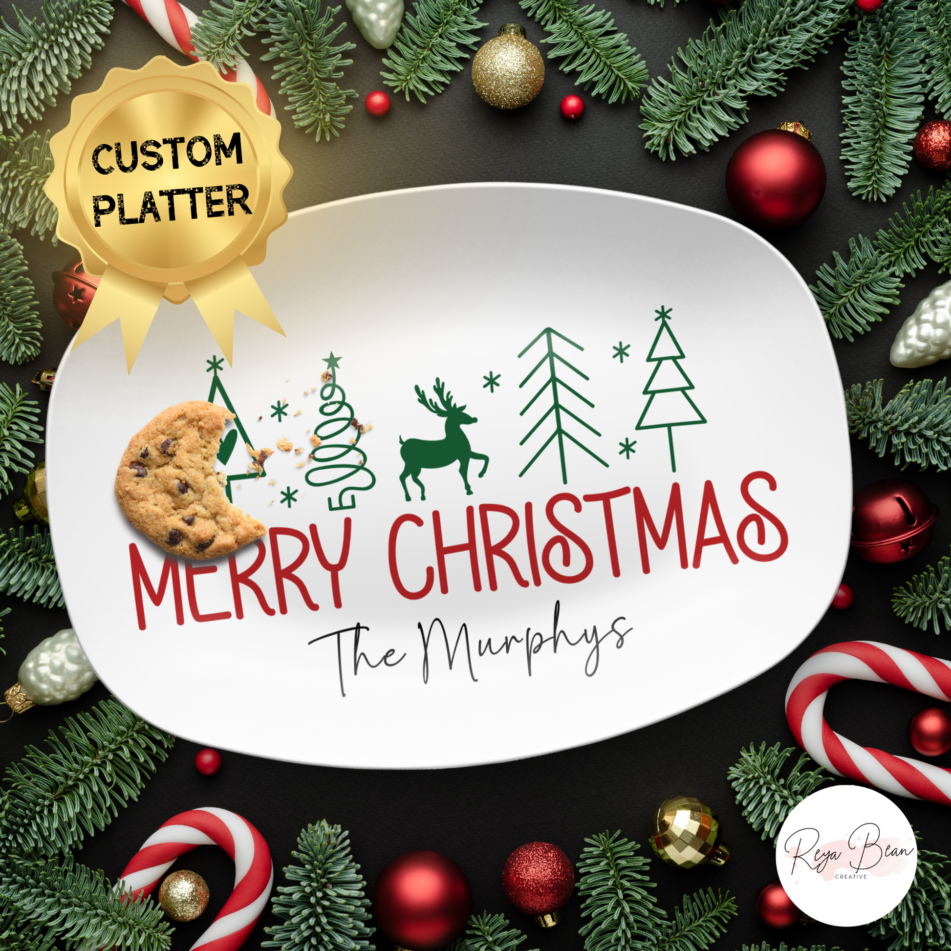 Custom Merry Christmas Platter, Festive Holiday Kitchen Cookie Tray, Personalized Family Name Holiday Plate, Unbreakable BPA-Free 10 x 14"