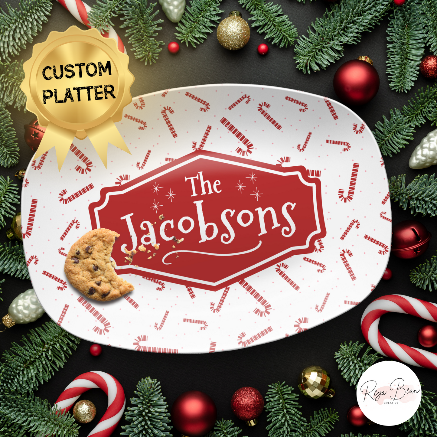 Custom Candy Cane Christmas Platter - Unbreakable BPA-Free, 10 x 14"