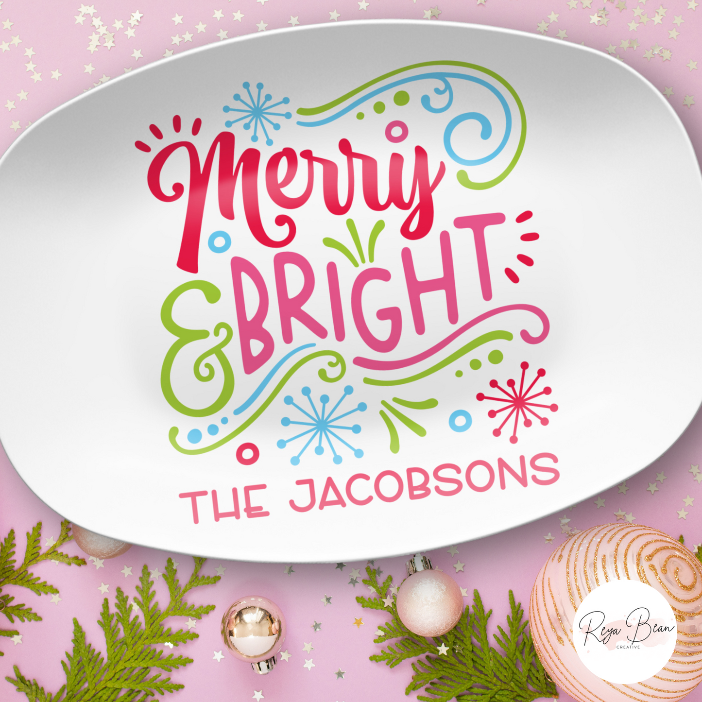 Custom Merry & Bright Christmas Platter - Unbreakable, BPA-Free, 10 x 14"