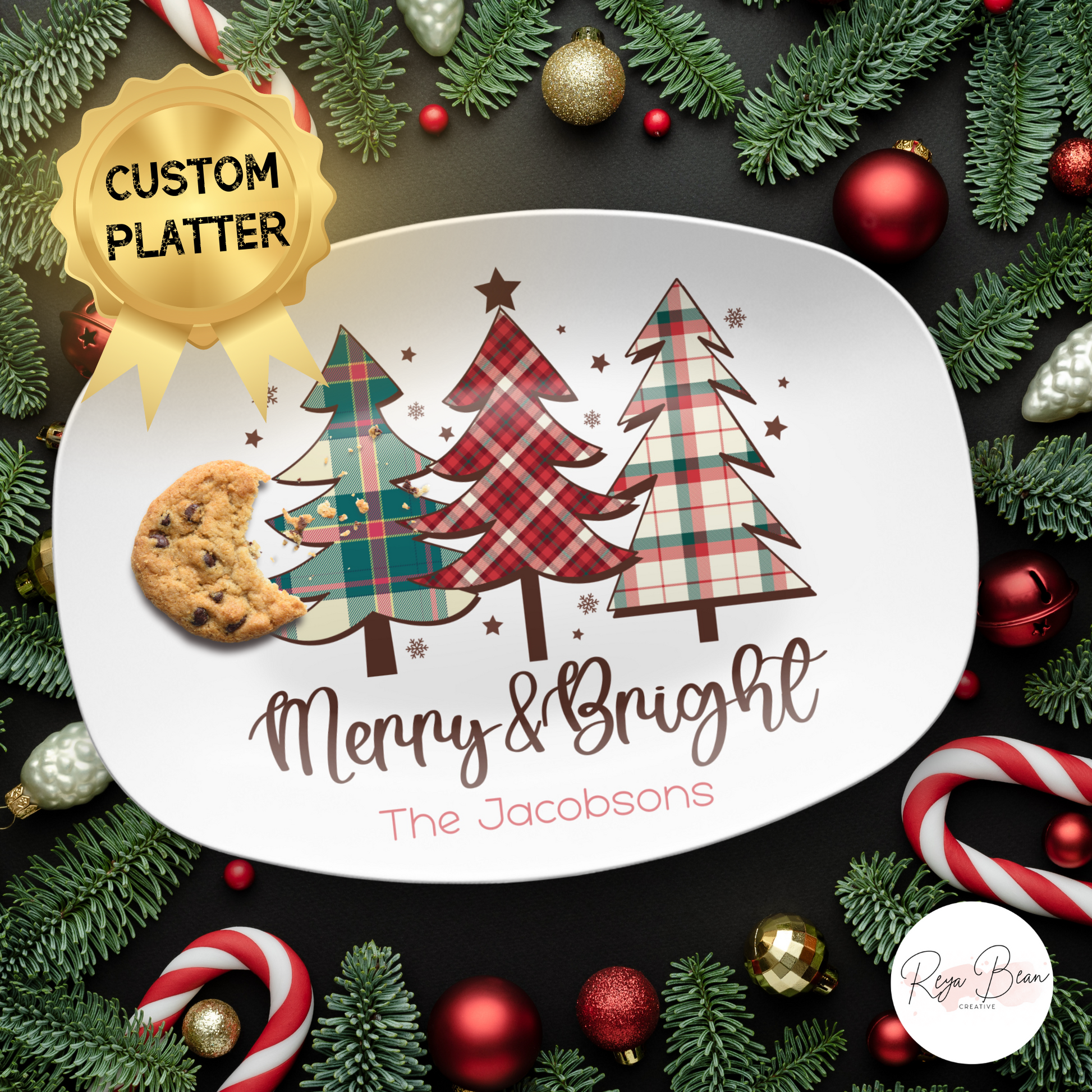 Custom Christmas Platter, Festive Holiday Kitchen Tray Merry & Bright, Personalized Family Name Holiday Plate, Unbreakable BPA-Free 10 x 14"