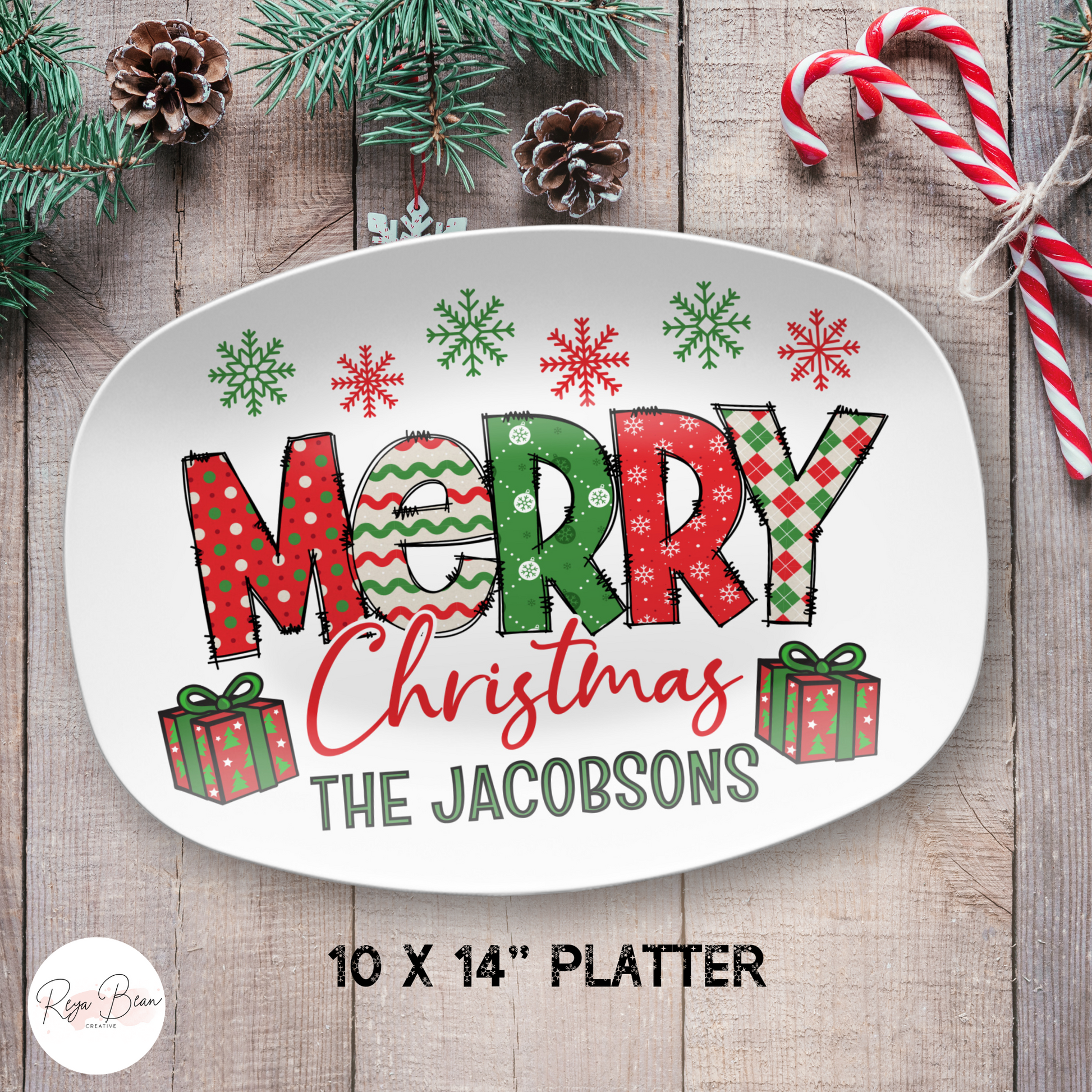 Custom Merry Christmas Platter, Festive Holiday Christmas Kitchen Tray, Personalized Family Name Xmas Plate, Unbreakable BPA-Free 10 x 14"