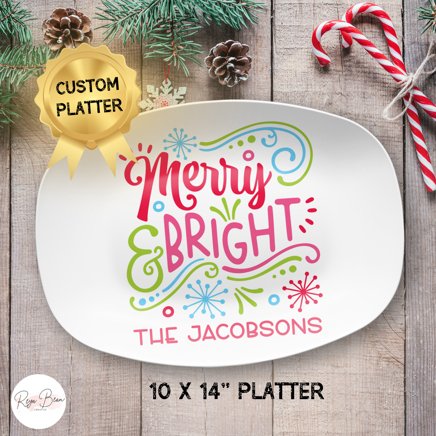 Custom Merry & Bright Christmas Platter - Unbreakable, BPA-Free, 10 x 14"