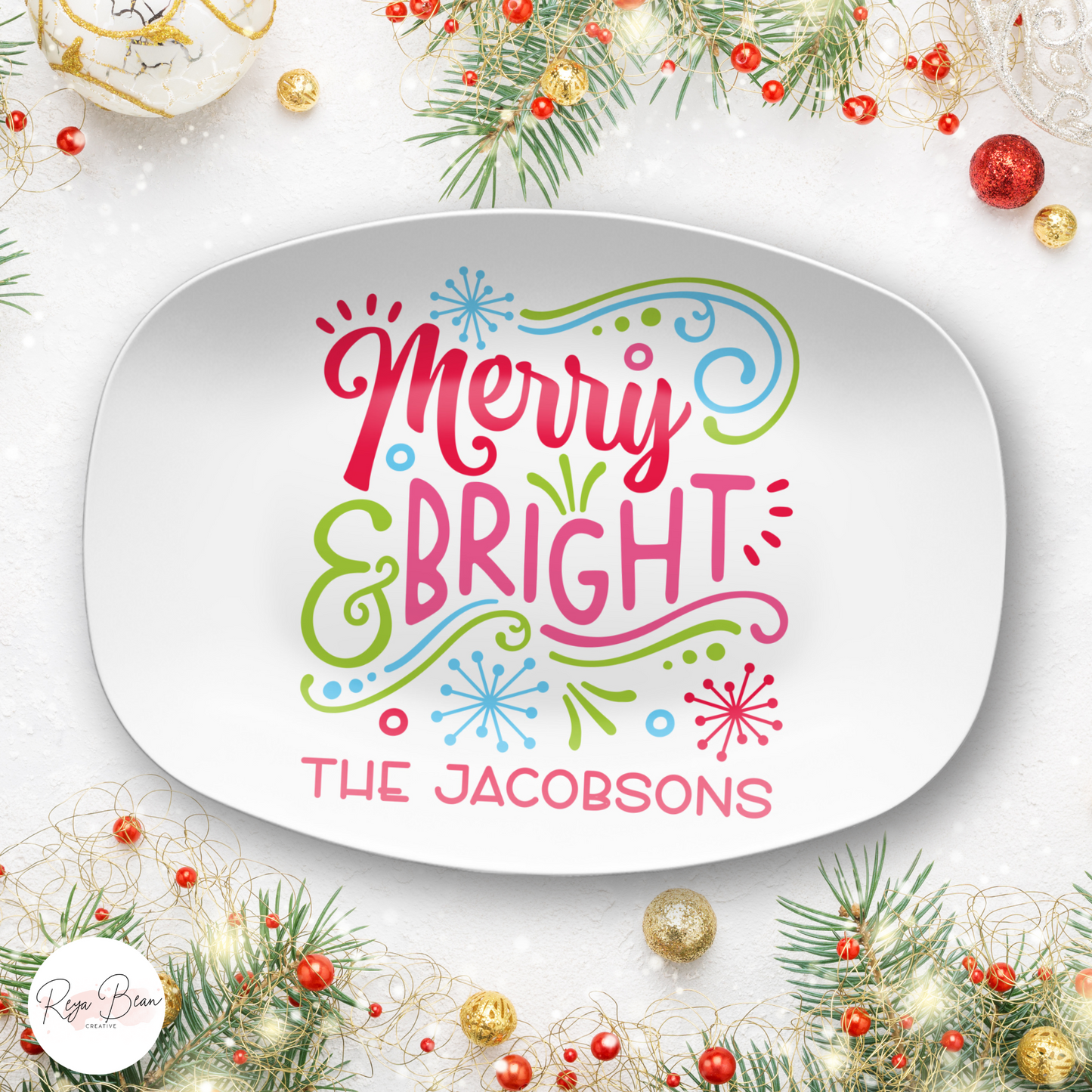 Custom Merry & Bright Christmas Platter - Unbreakable, BPA-Free, 10 x 14"