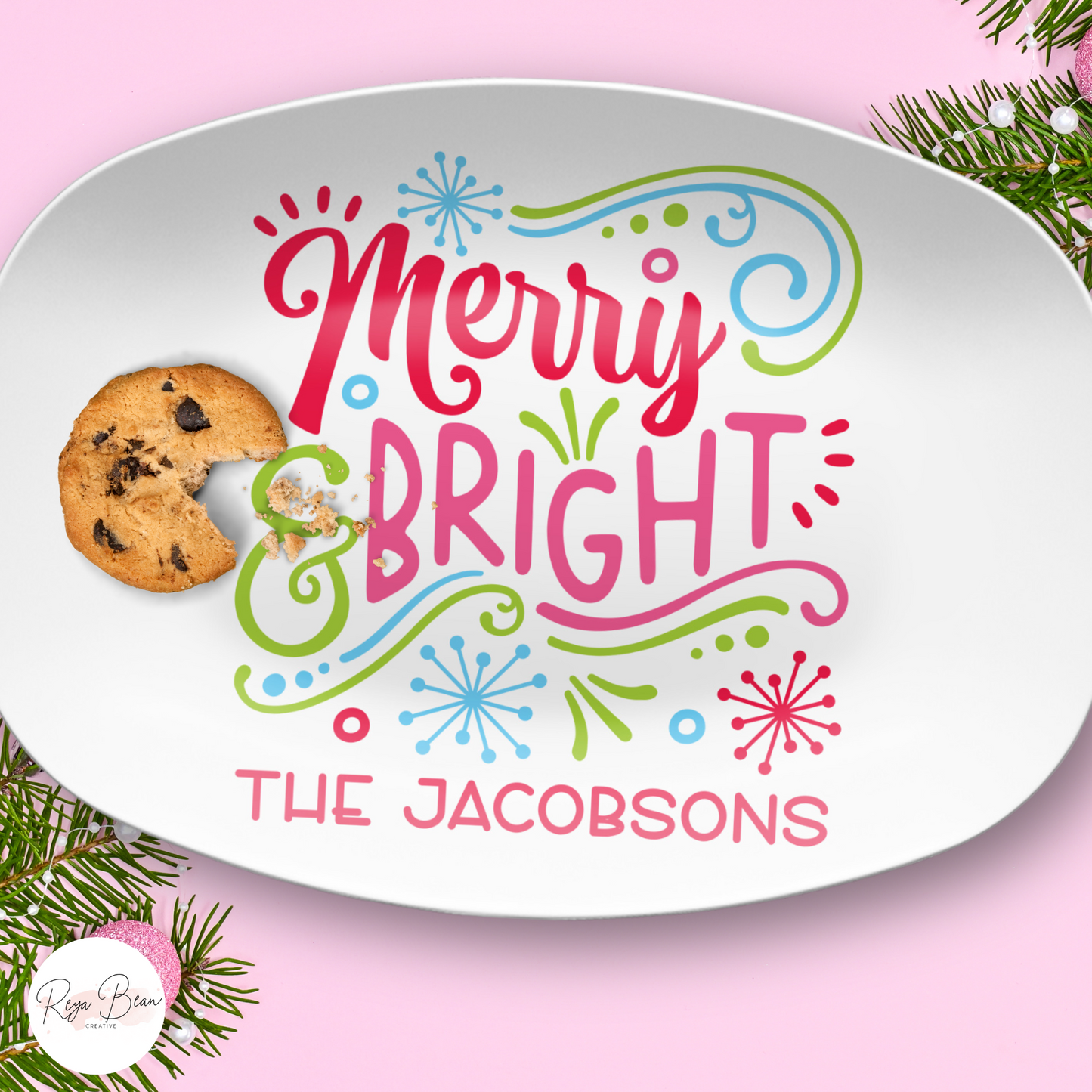 Custom Merry & Bright Christmas Platter - Unbreakable, BPA-Free, 10 x 14"