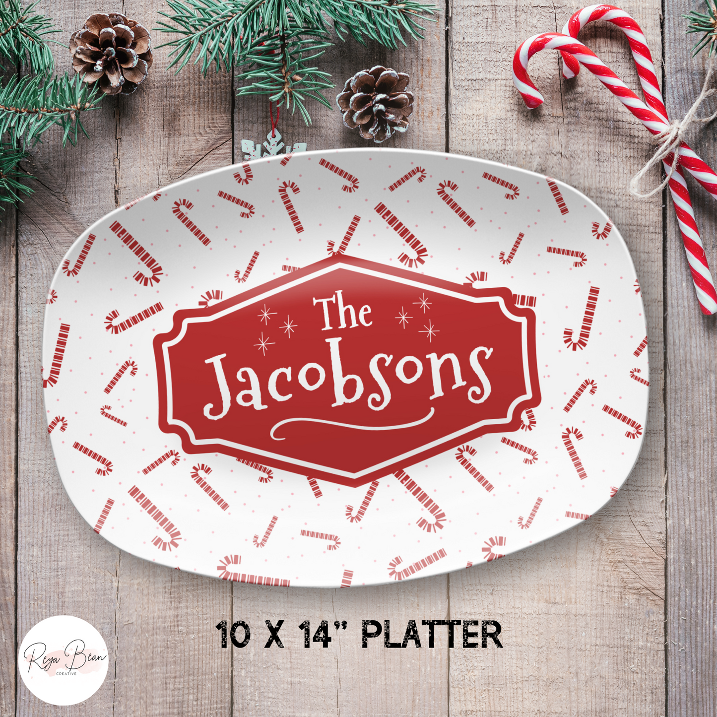 Custom Candy Cane Christmas Platter - Unbreakable BPA-Free, 10 x 14"