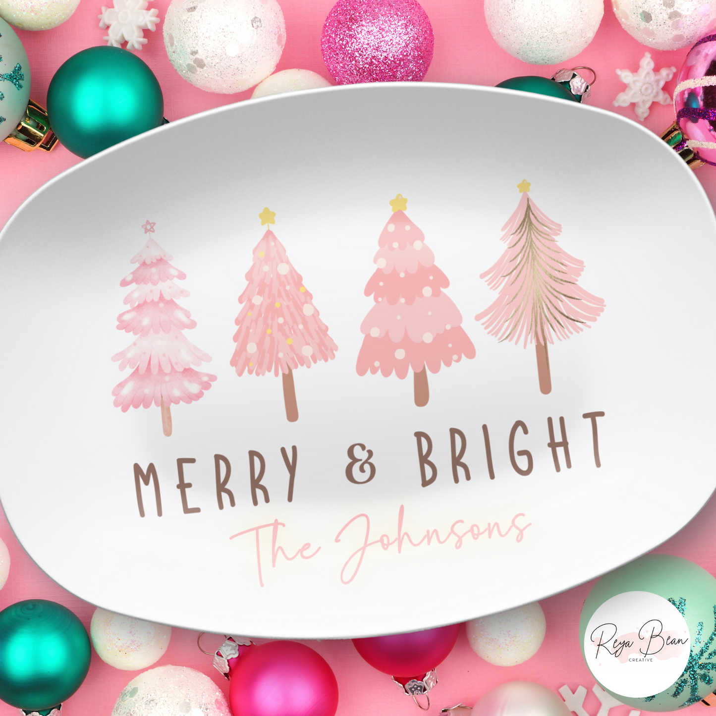 Custom Merry & Bright Pink Christmas Trees Platter - Unbreakable, BPA-Free, 10 x 14"