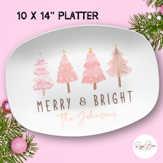 Custom Merry & Bright Pink Christmas Trees Platter - Unbreakable, BPA-Free, 10 x 14"