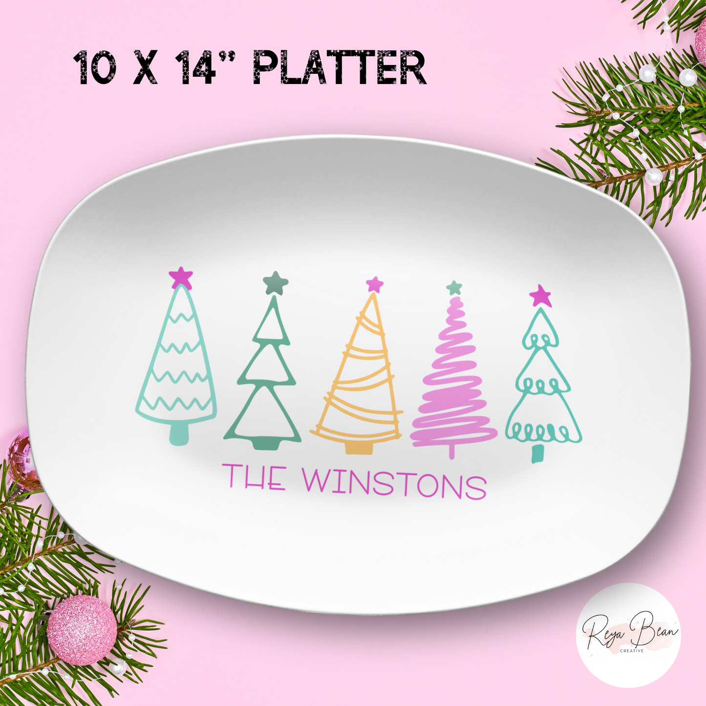 Custom Pastel Christmas Tree Platter - Unbreakable, BPA-Free, 10 x 14"