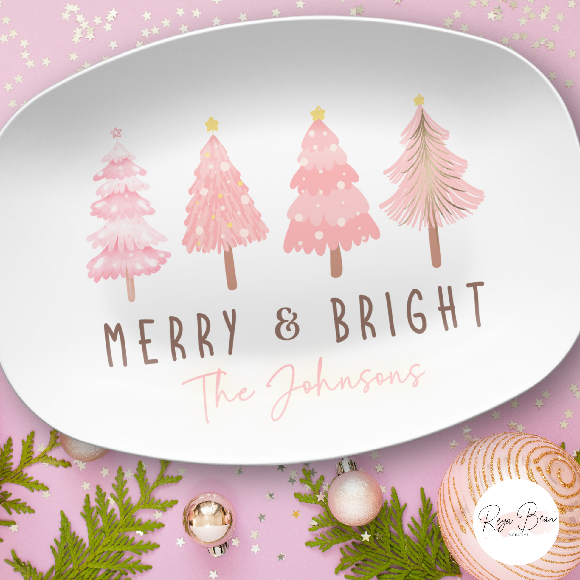 Custom Merry & Bright Pink Christmas Trees Platter - Unbreakable, BPA-Free, 10 x 14"