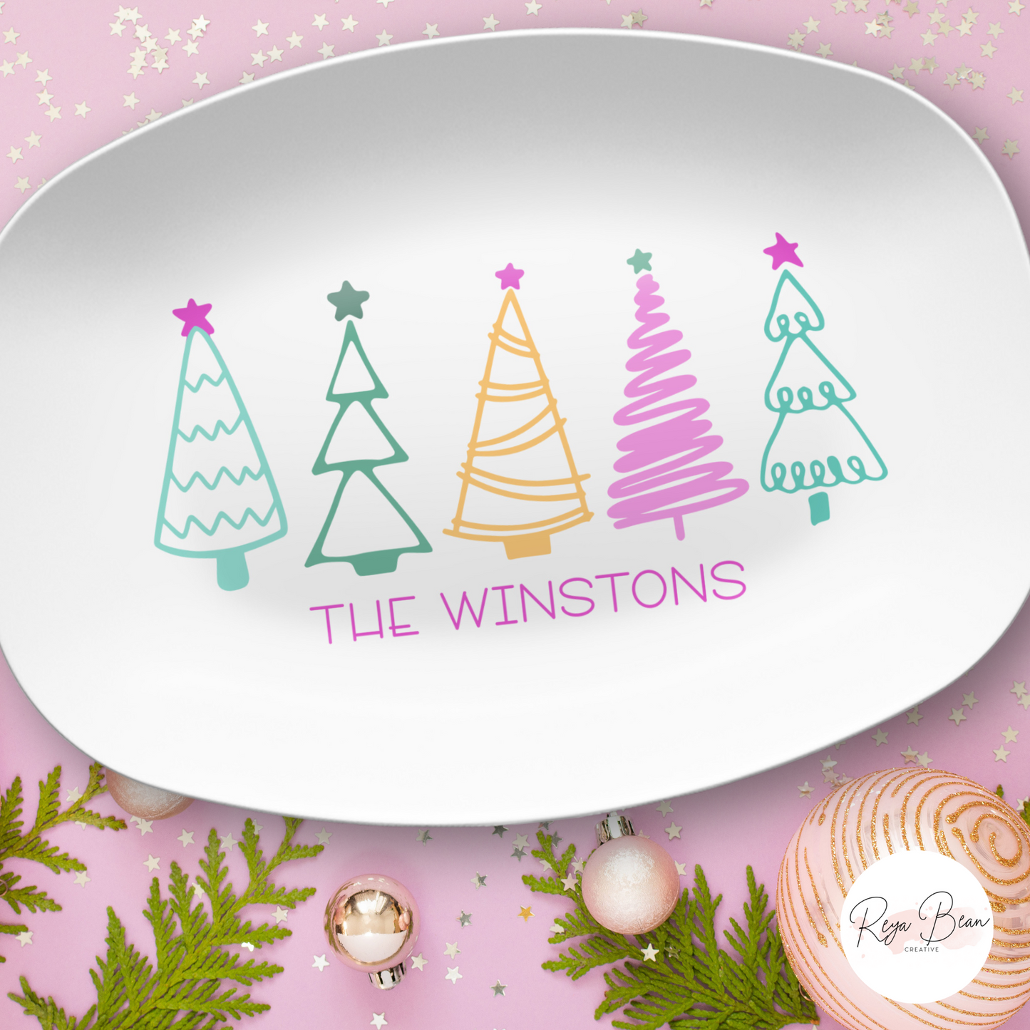 Custom Pastel Christmas Tree Platter - Unbreakable, BPA-Free, 10 x 14"