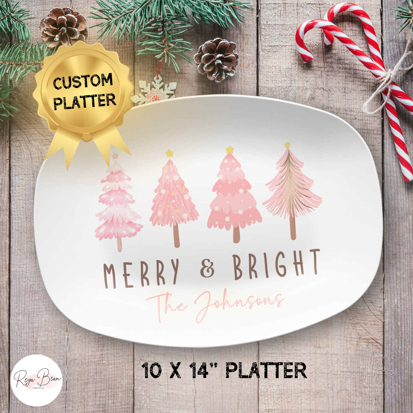 Custom Merry & Bright Pink Christmas Trees Platter - Unbreakable, BPA-Free, 10 x 14"