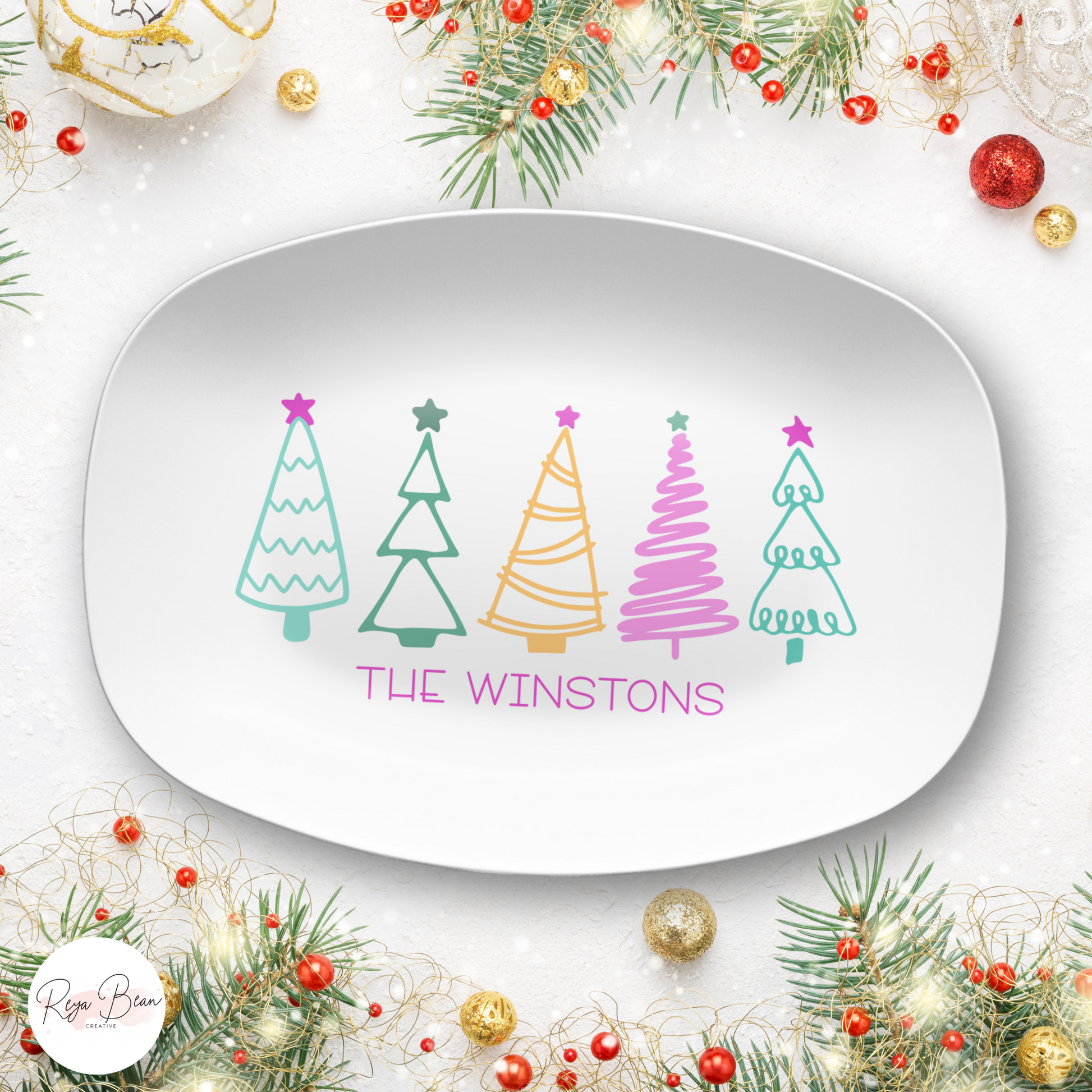 Custom Pastel Christmas Tree Platter - Unbreakable, BPA-Free, 10 x 14"