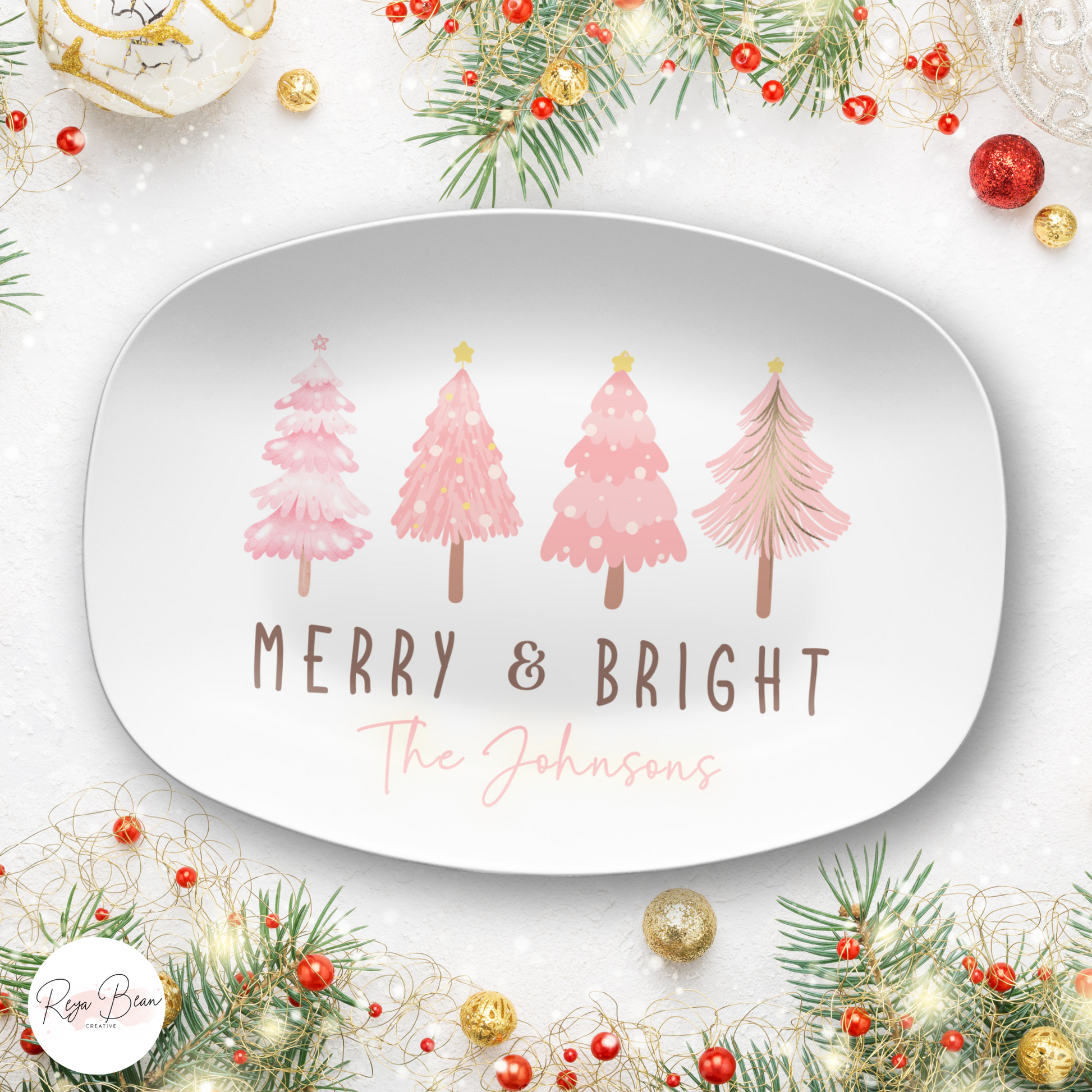 Custom Merry & Bright Pink Christmas Trees Platter - Unbreakable, BPA-Free, 10 x 14"