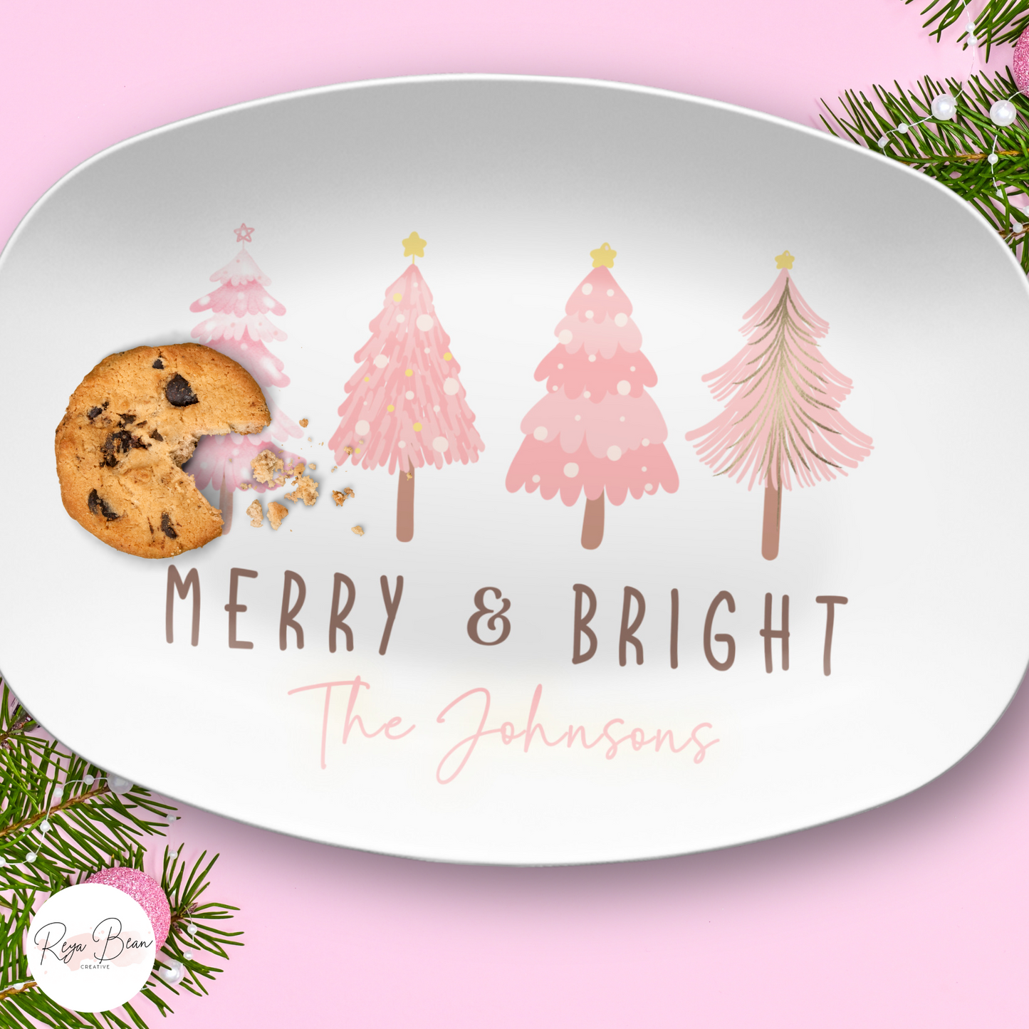 Custom Merry & Bright Pink Christmas Trees Platter - Unbreakable, BPA-Free, 10 x 14"