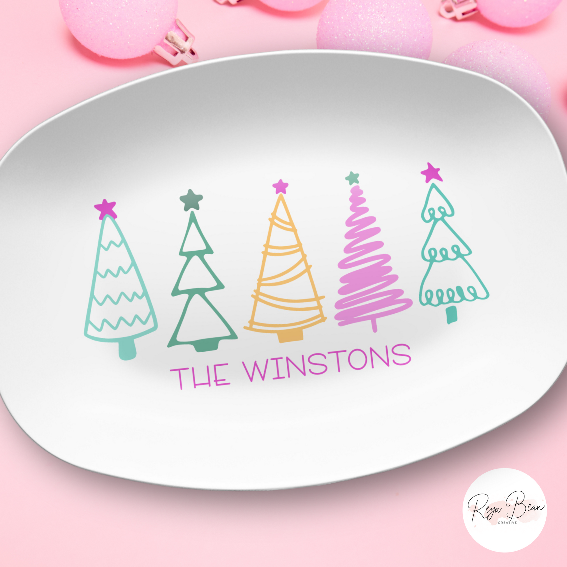 Custom Pastel Christmas Tree Platter - Unbreakable, BPA-Free, 10 x 14"