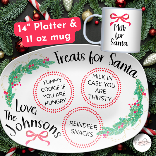 Custom Santa Cookie Platter Milk Mug Set, Christmas Plate for Reindeer Treats Milk for Santa Tray, Personalized Family Name Holiday Bundle