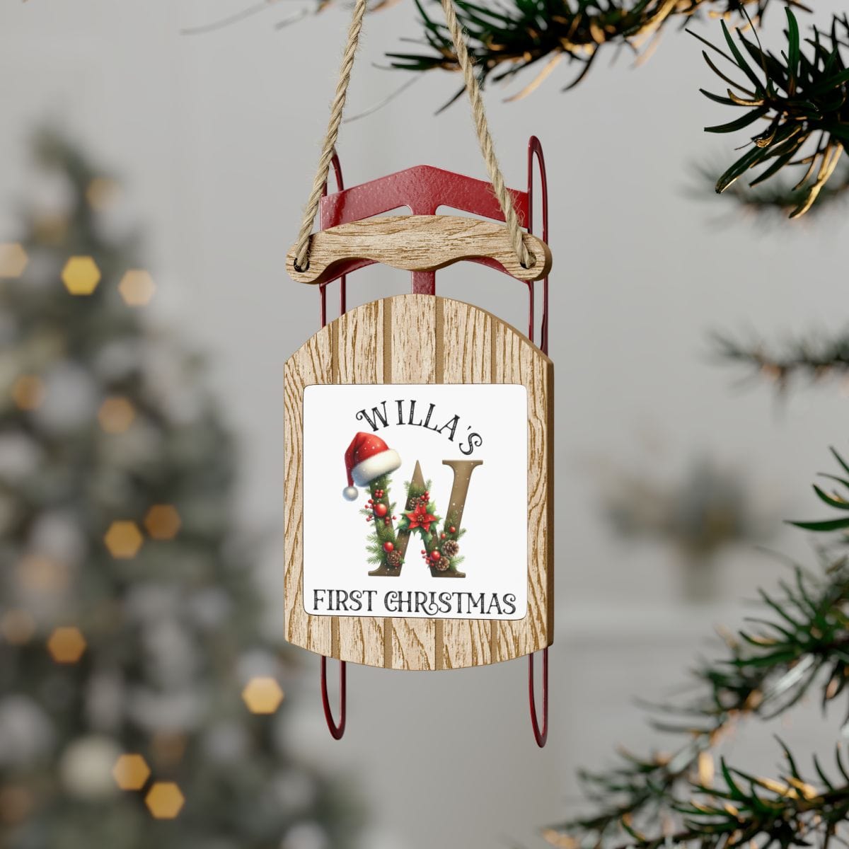 Child's First Christmas Custom Holiday Monogram Sled Tree Ornament, peronalized initial santa hat letters baby's 1st xmas gift 