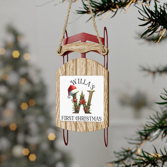 Child's First Christmas Custom Holiday Monogram Sled Tree Ornament, peronalized initial santa hat letters baby's 1st xmas gift 