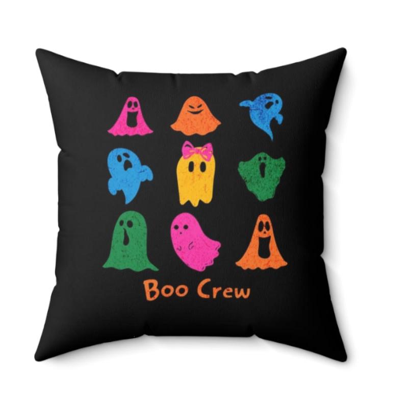 Halloween Pillow Blanket Set, Custom Boo Crew Cute Ghost Gift, Neon Ghosts Square Black Throw Pillow, Spooky Halloween Decor Boo Blanket