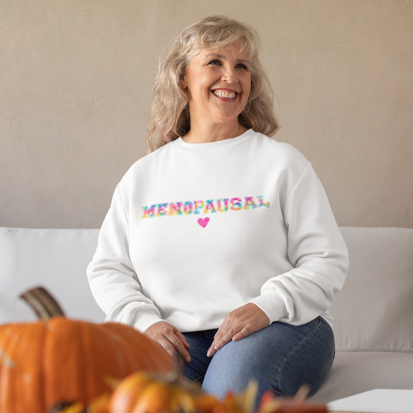 Menopausal Women's Crewneck Sweatshirt, Rainbow Varsity Font, 50% Ethically Grown Cotton / 50% Polyester