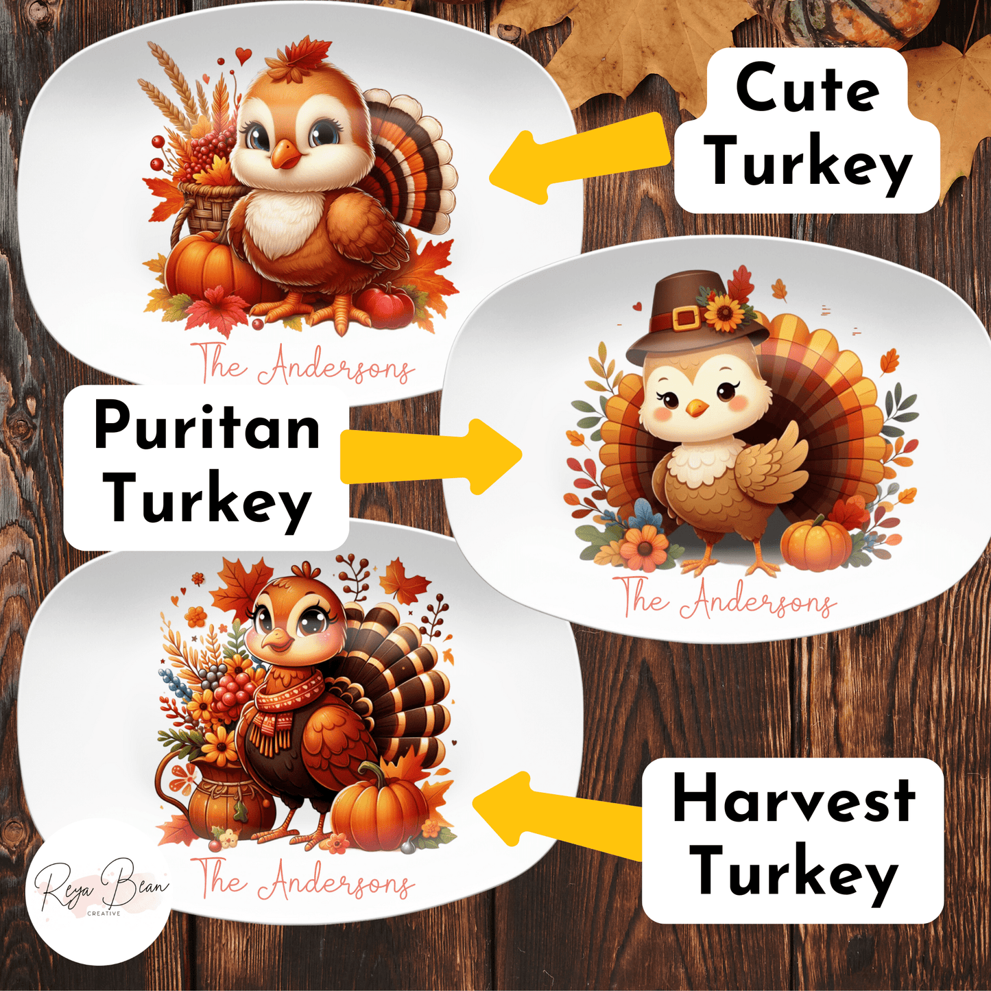 Custom Thanksgiving Turkey Platter, Cute Turkey Family Serving Plate, Personalized Fall Harvest Serving Tray 10 x 14" Unbreakable DecoWare